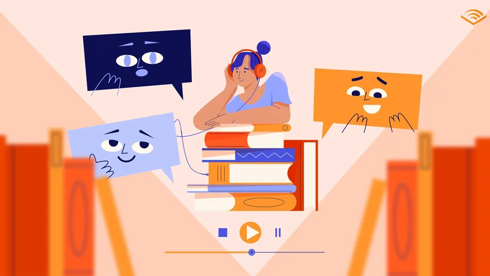 Illustrated listener surrounded by books and speech bubbles in Move’s Audible animation.