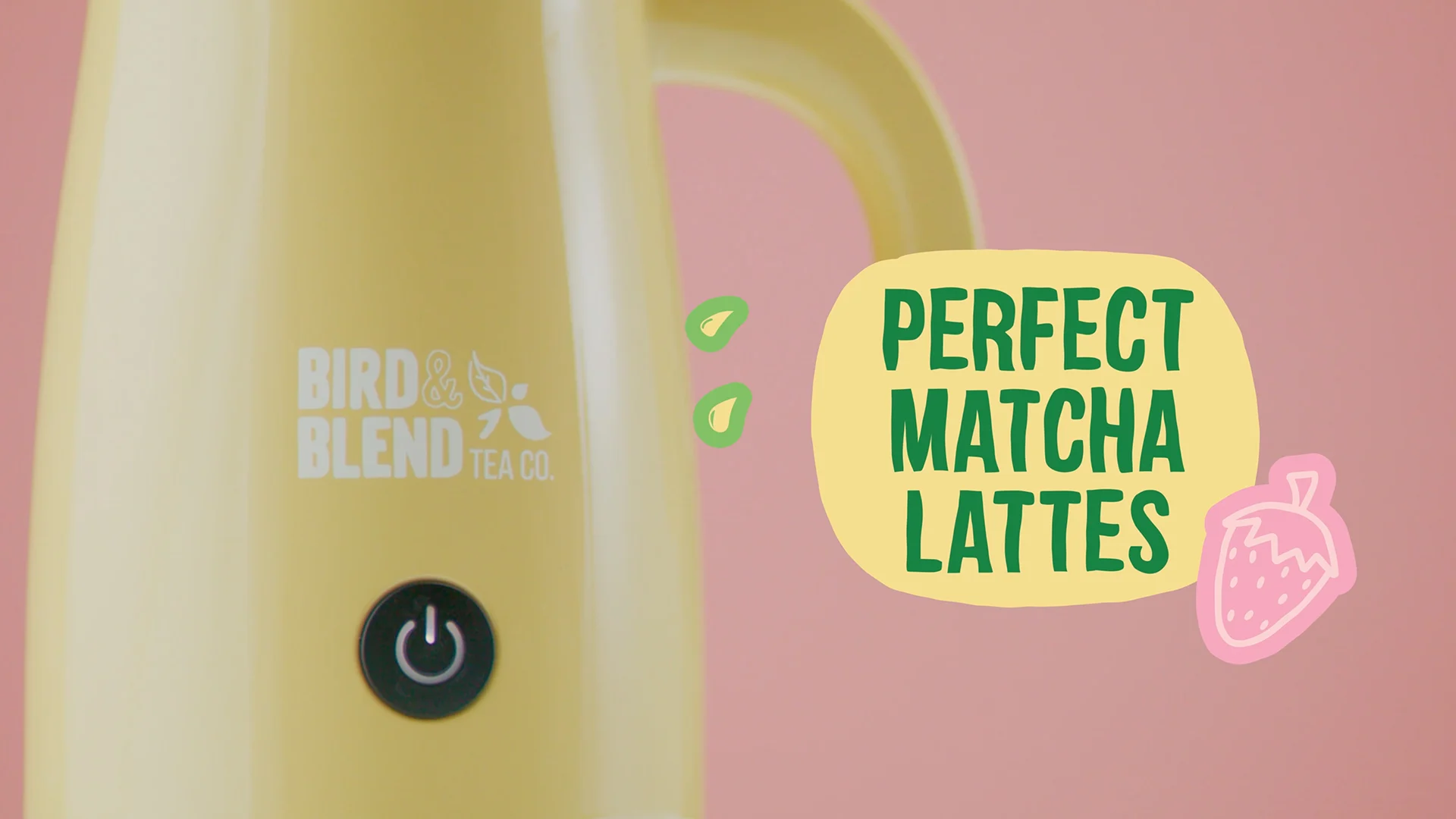 Yellow Magic Whisk with animated Perfect Matcha Lattes lettering and a strawberry illustration.