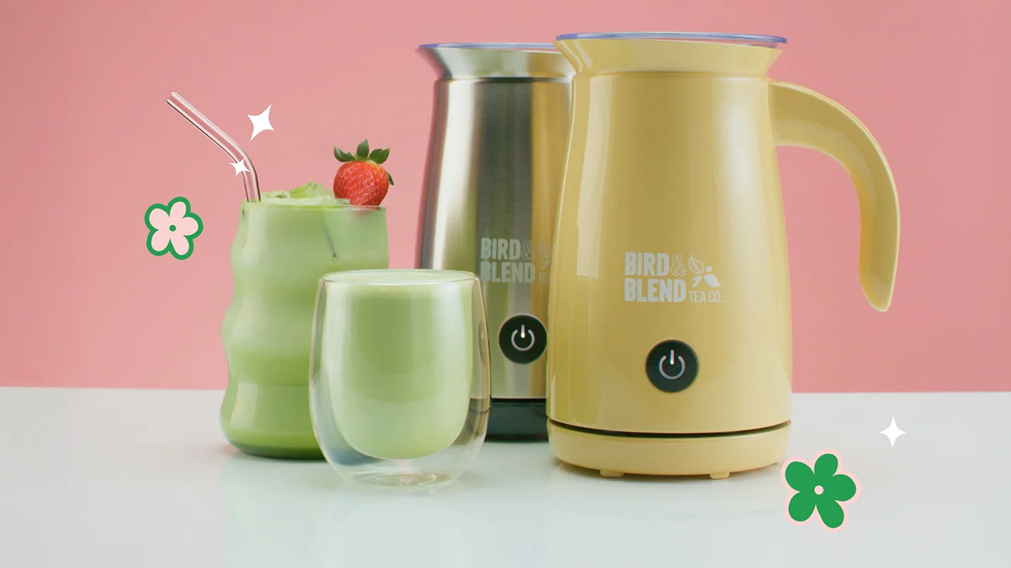 Bird & Blend’s yellow and silver Magic Whisks with matcha lattes and playful illustrated flowers.