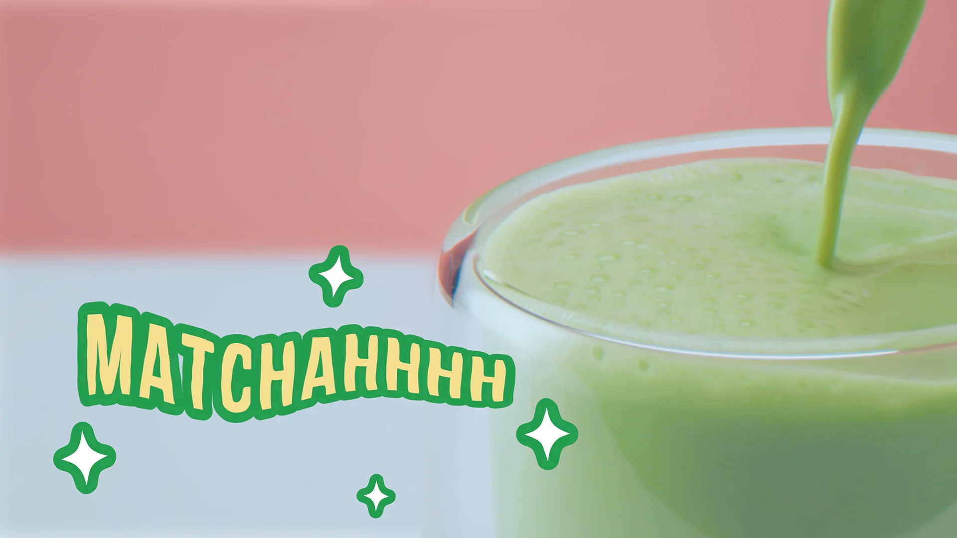 Close-up of matcha pouring into a glass with playful animated lettering and star shapes.