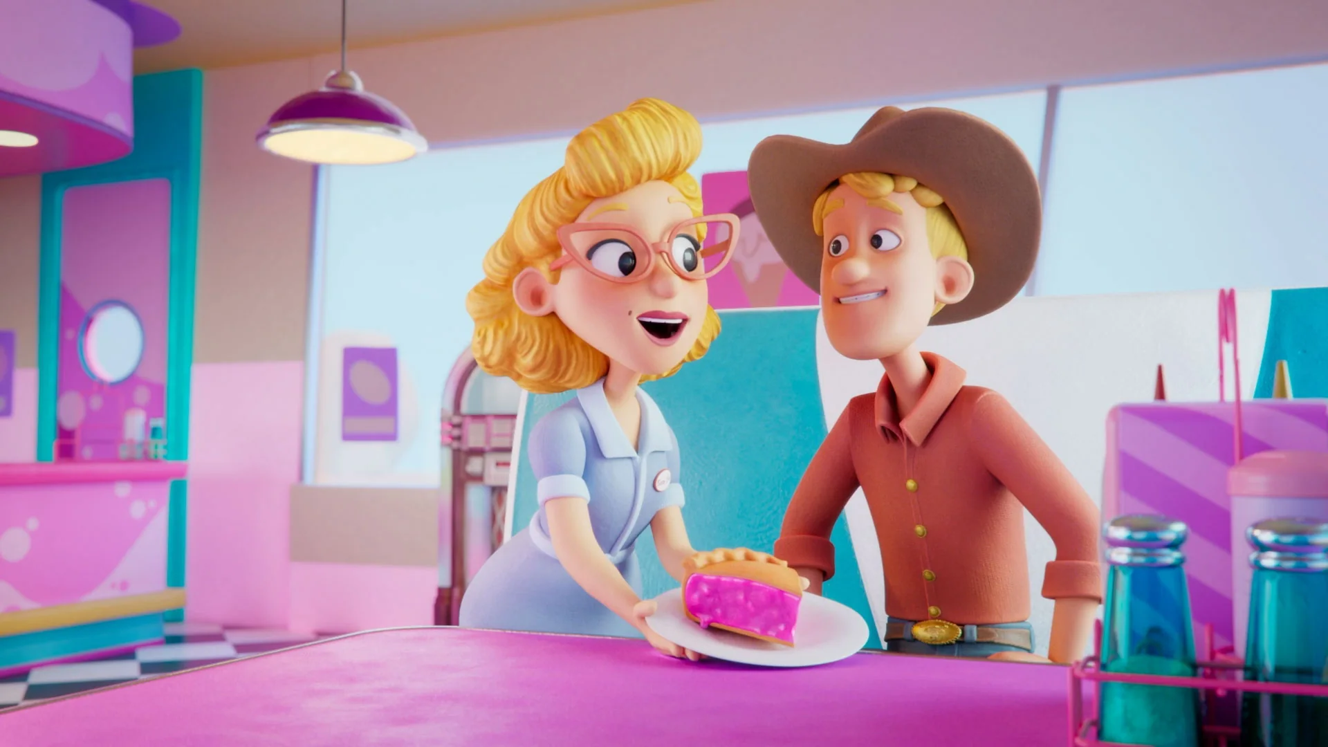 Betty Sue presents a slice of pink pie to Eddie