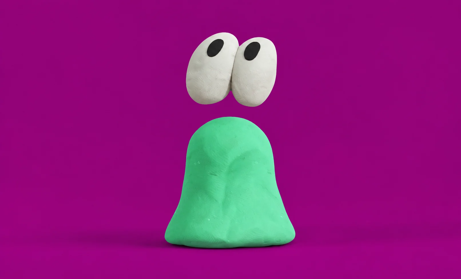 Mint-green plasticine-style Dollop character with floating white eyes on a purple background.