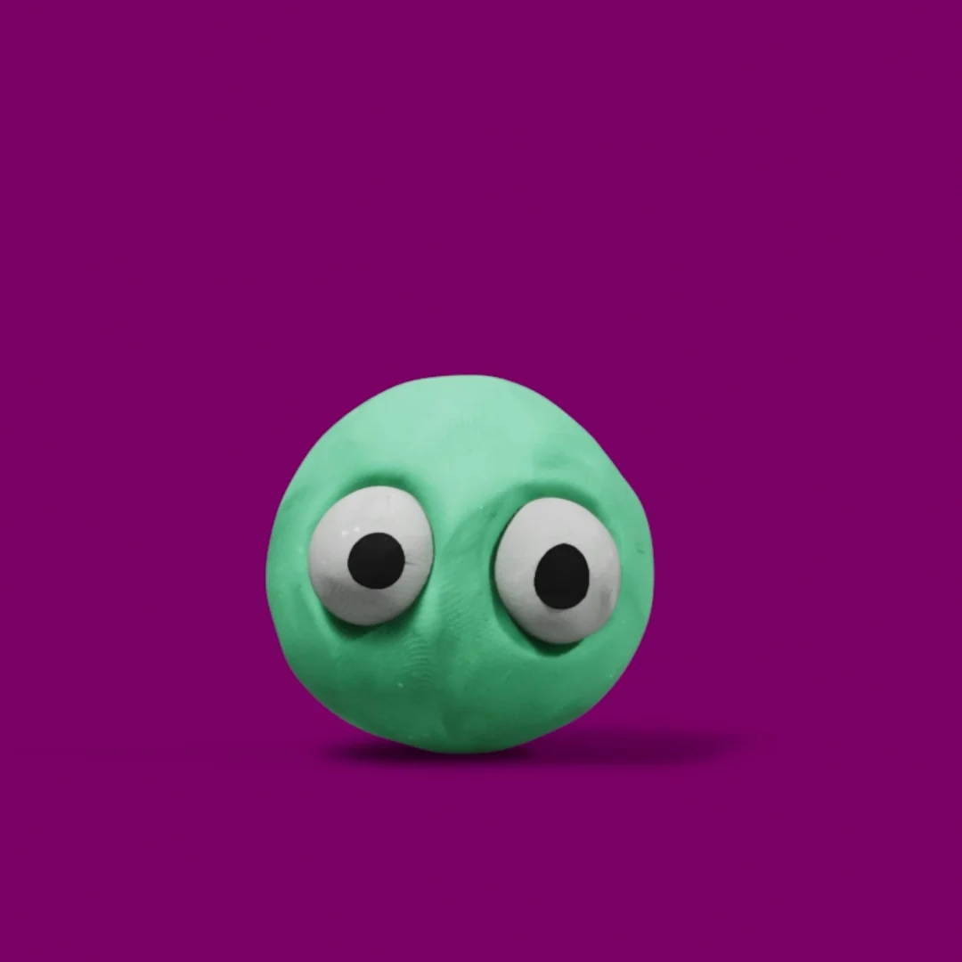 A round mint-green plasticine-style character with large eyes on a purple background.