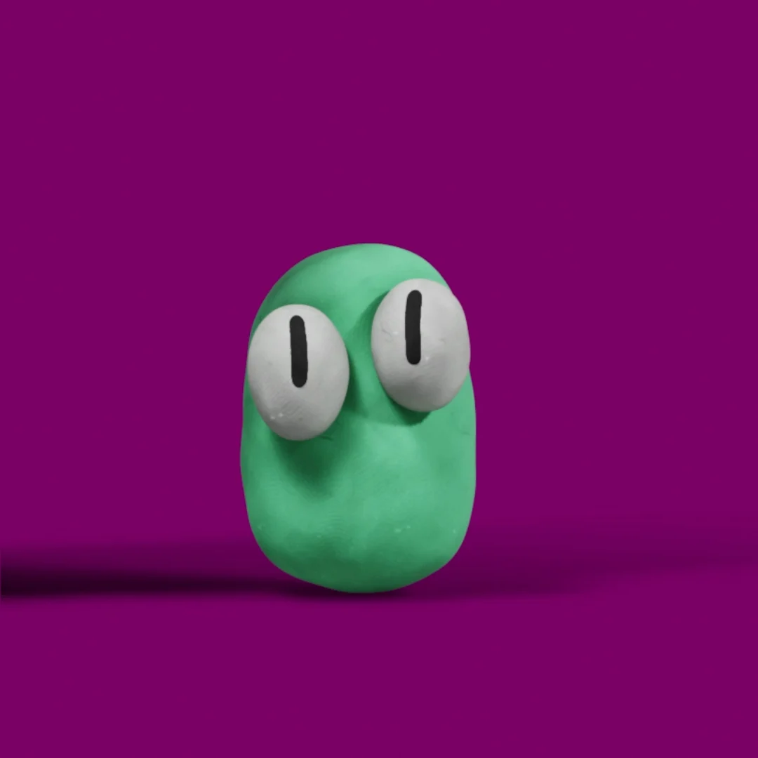 The green character stretching upwards with elongated eyes.