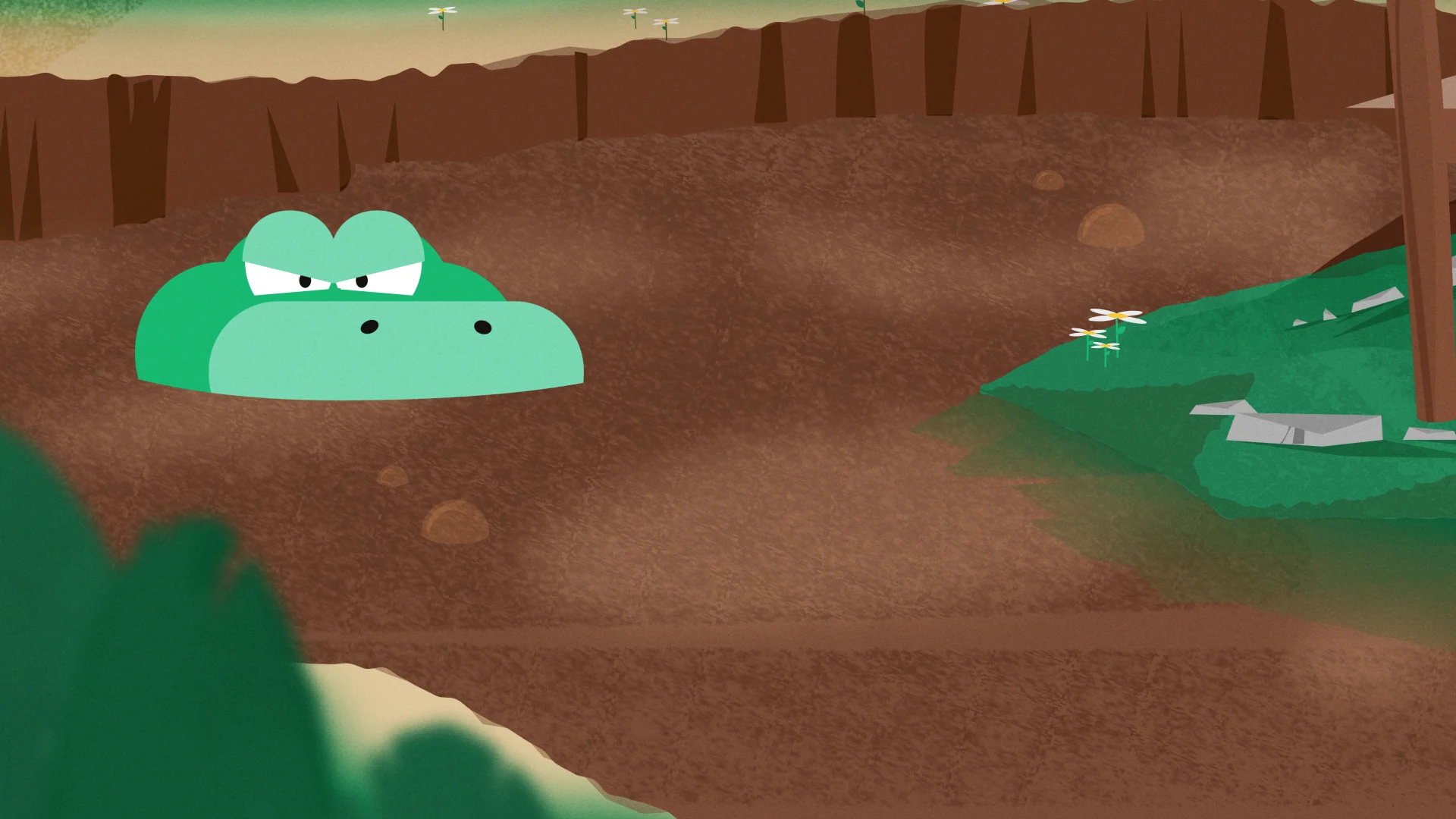 A green crocodile peering from a pit in the woodland.