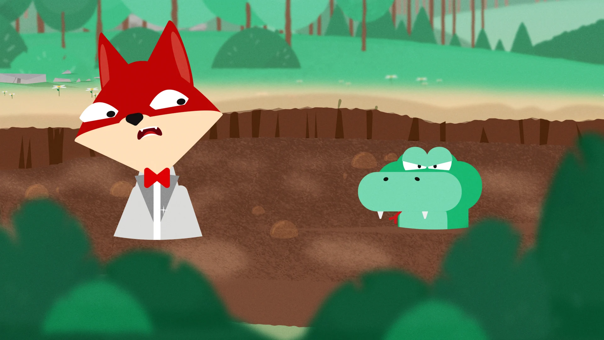 Fenton Fox looking worried beside the crocodile in the pit.