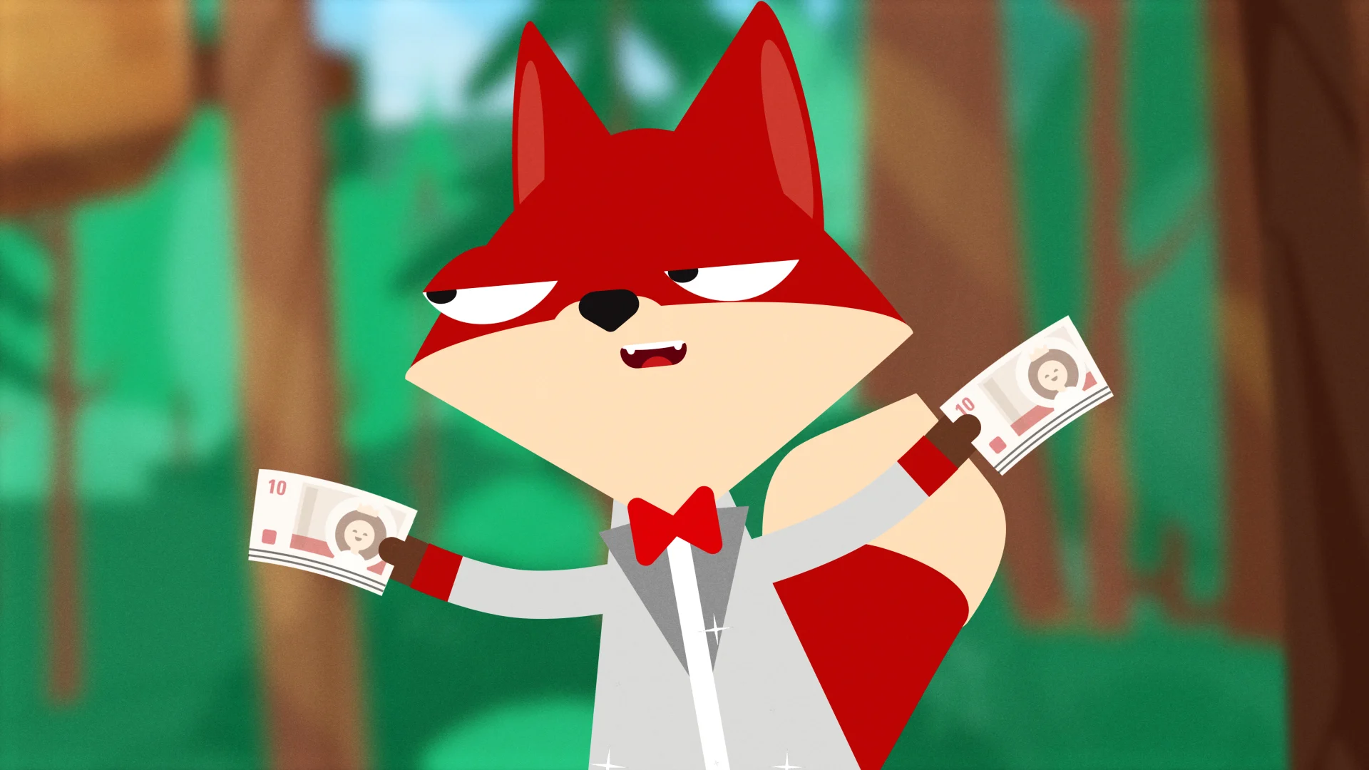 Fenton Fox holding up two banknotes.