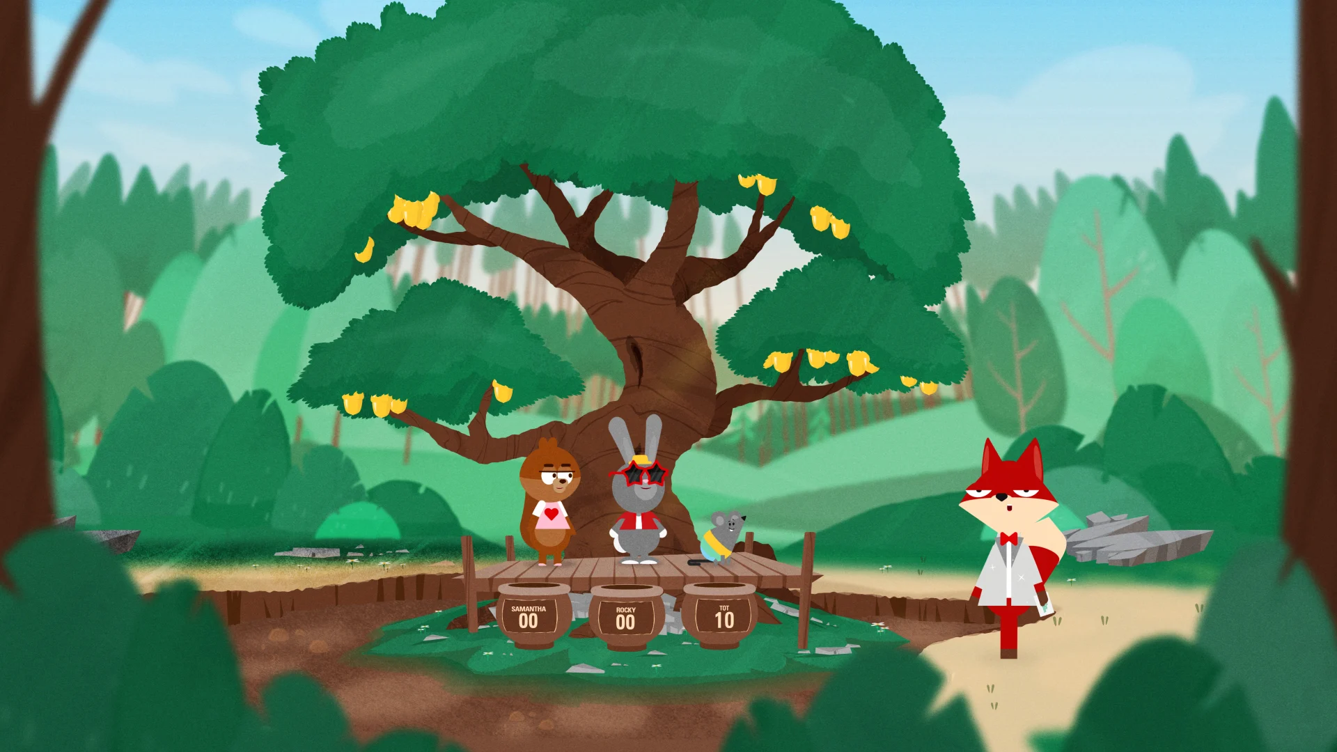 The contestants and Fenton beside a large money tree in the forest.