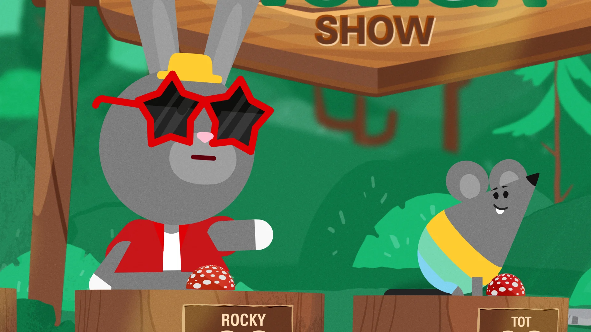 Rocky Rabbit in star-shaped glasses beside Tot at their podiums.