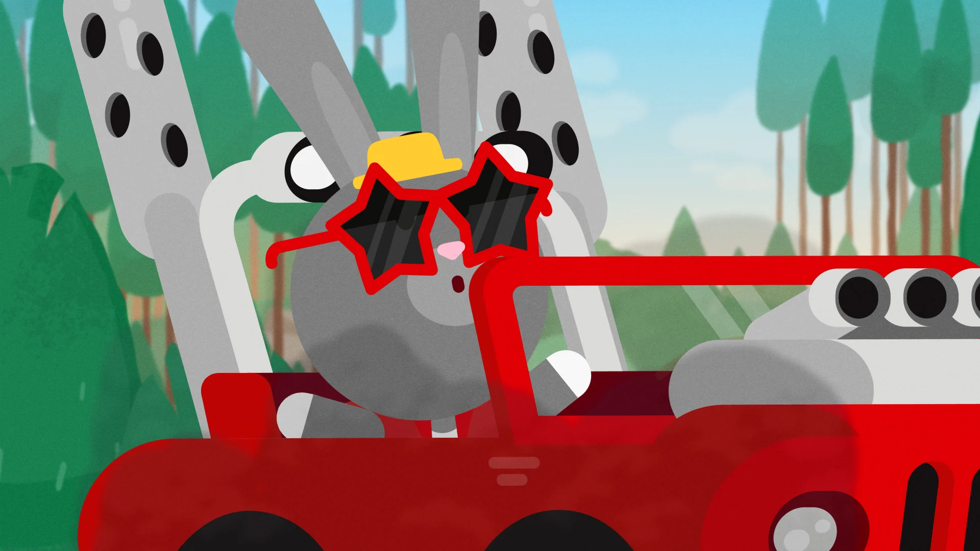 Rocky Rabbit sitting in a red racing car with large exhaust pipes.
