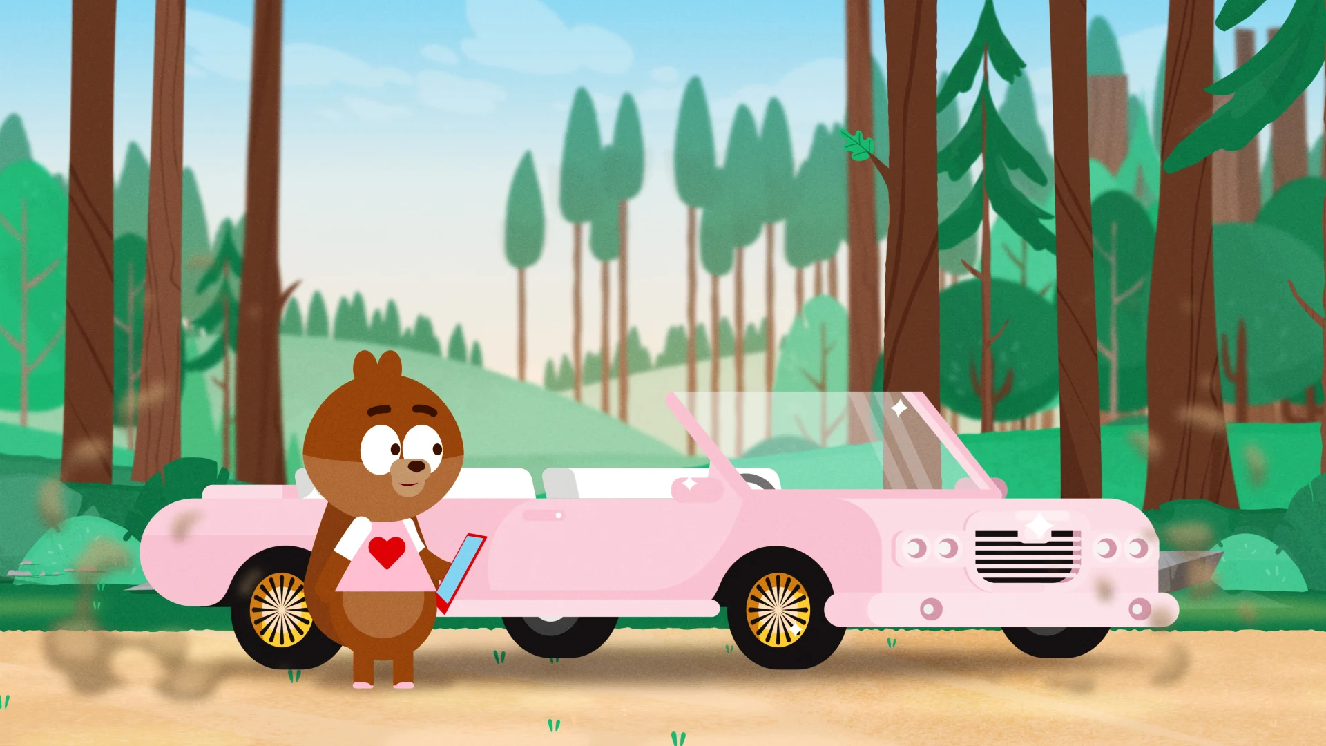 Samantha Squirrel beside a pink convertible in the forest.