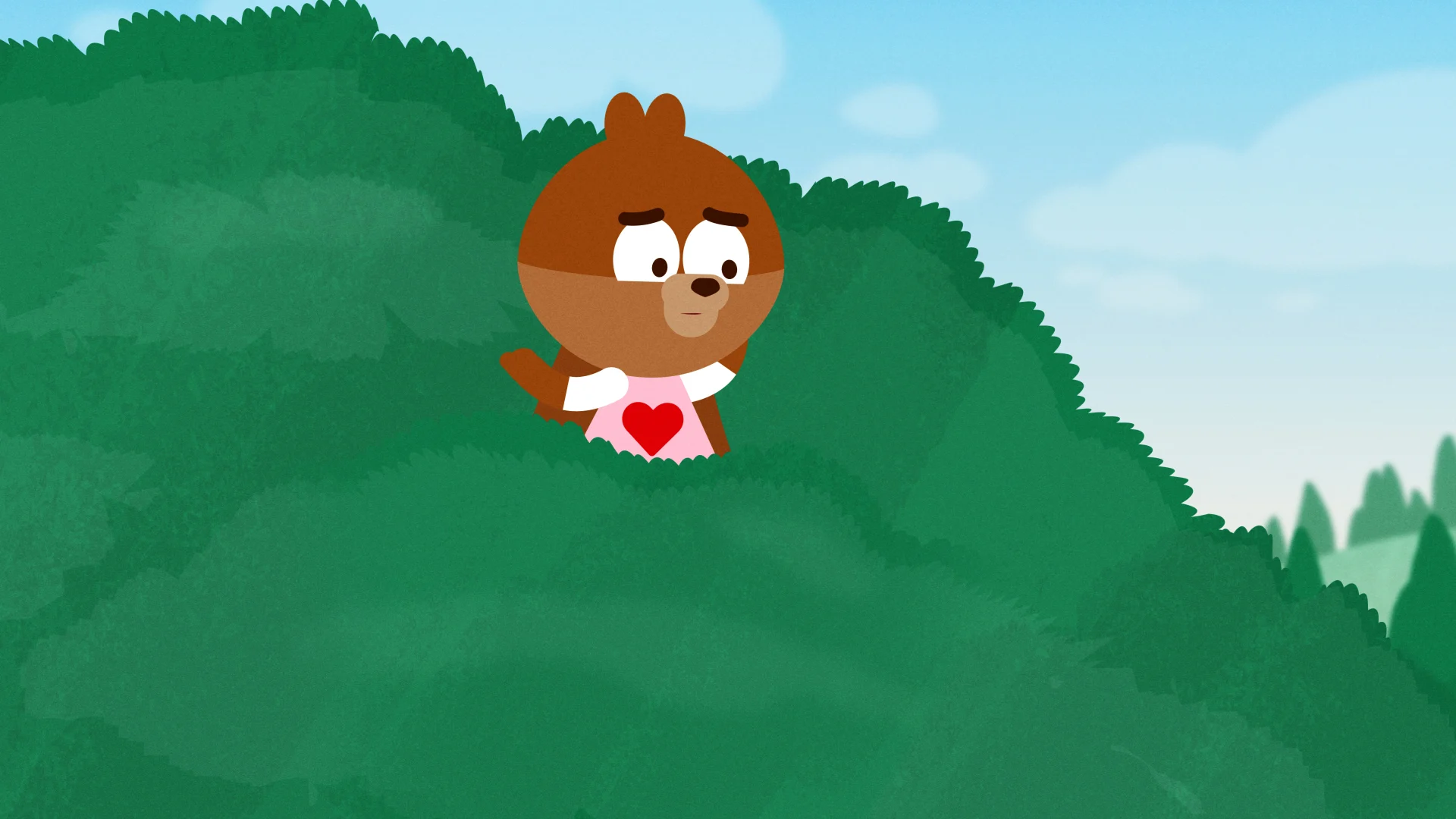 Samantha Squirrel looking concerned among the green treetops.