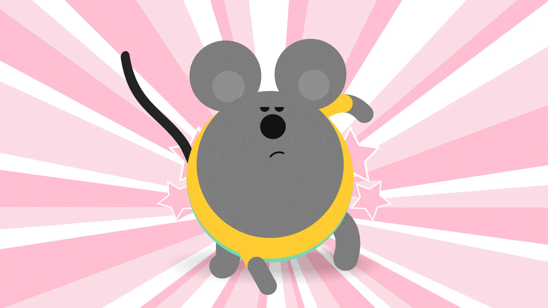Tot in an action pose against a pink starburst background.