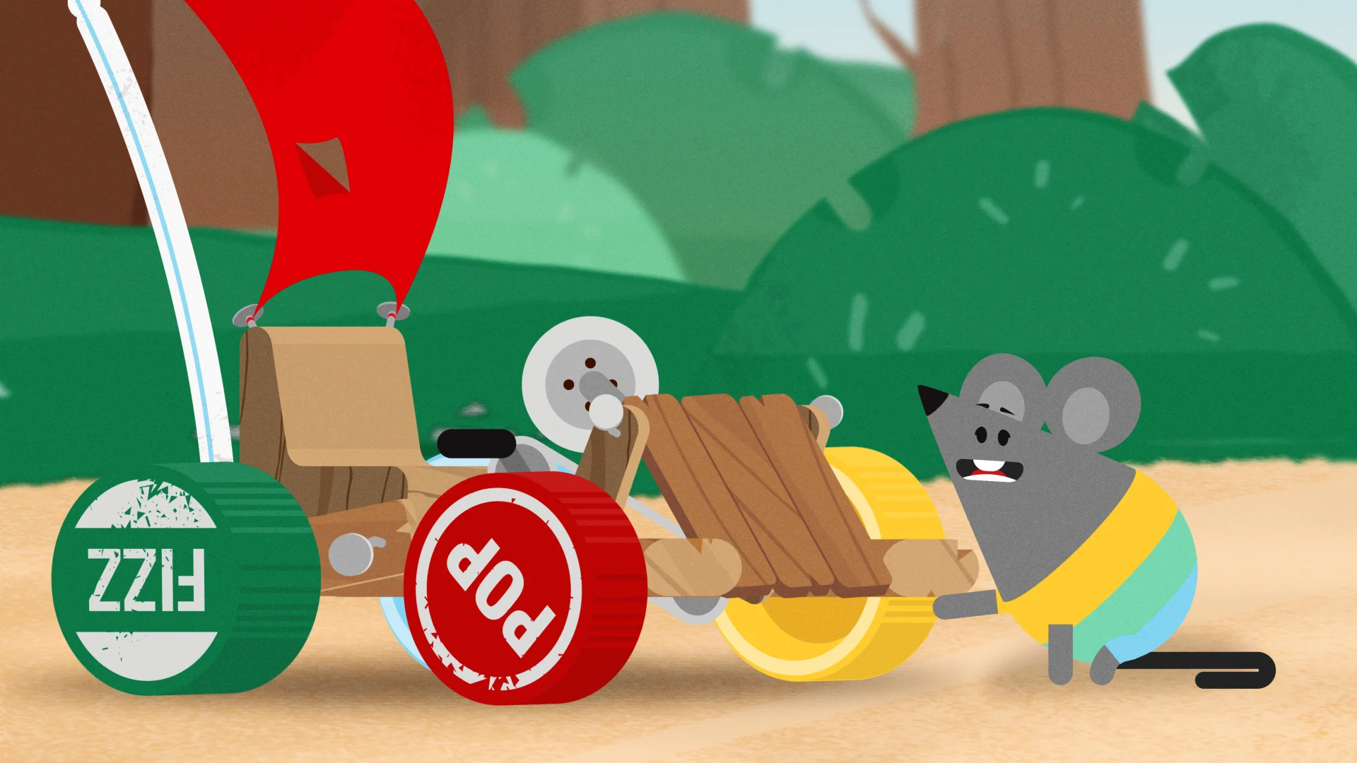 Tot beside a homemade racing car with bottle-top wheels.