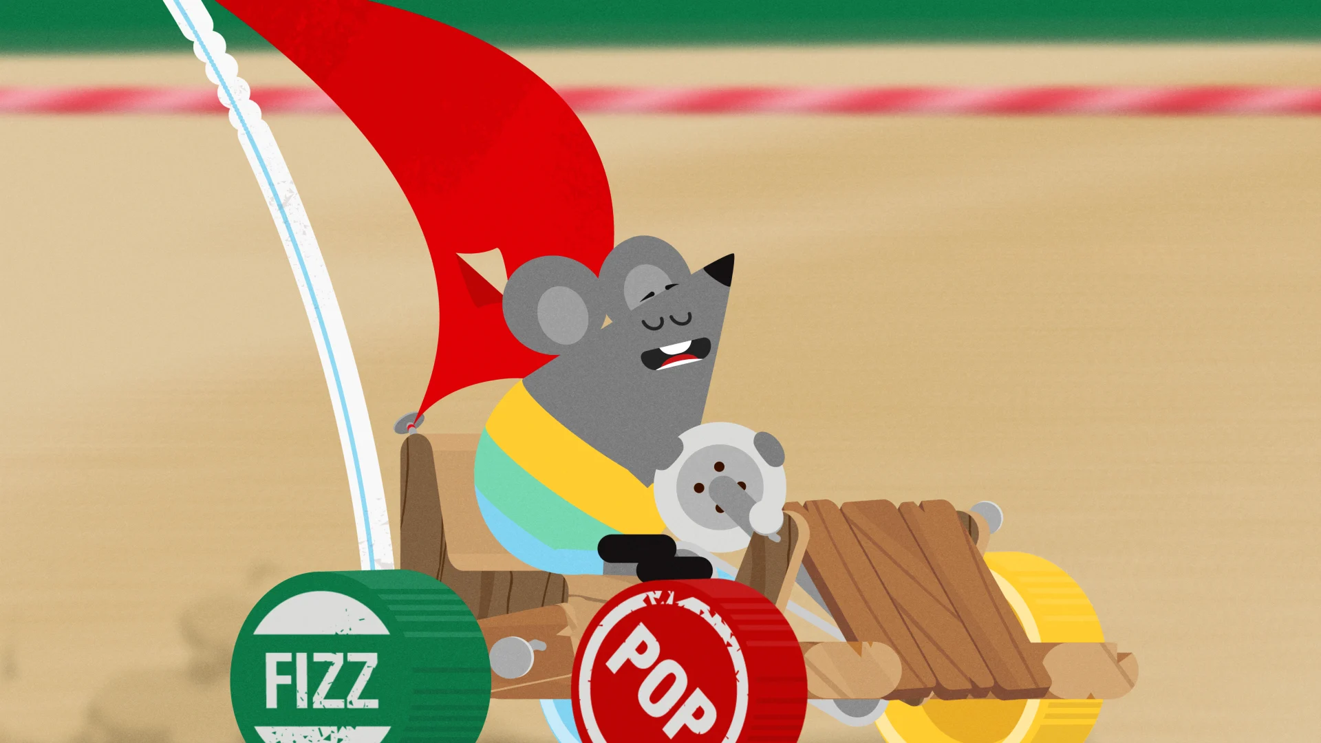Tot driving the homemade racing car with a red sail and bottle-top wheels.