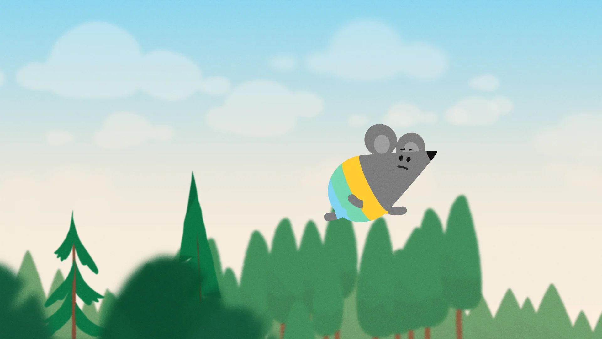 Tot the Mouse flying above the woodland treetops.