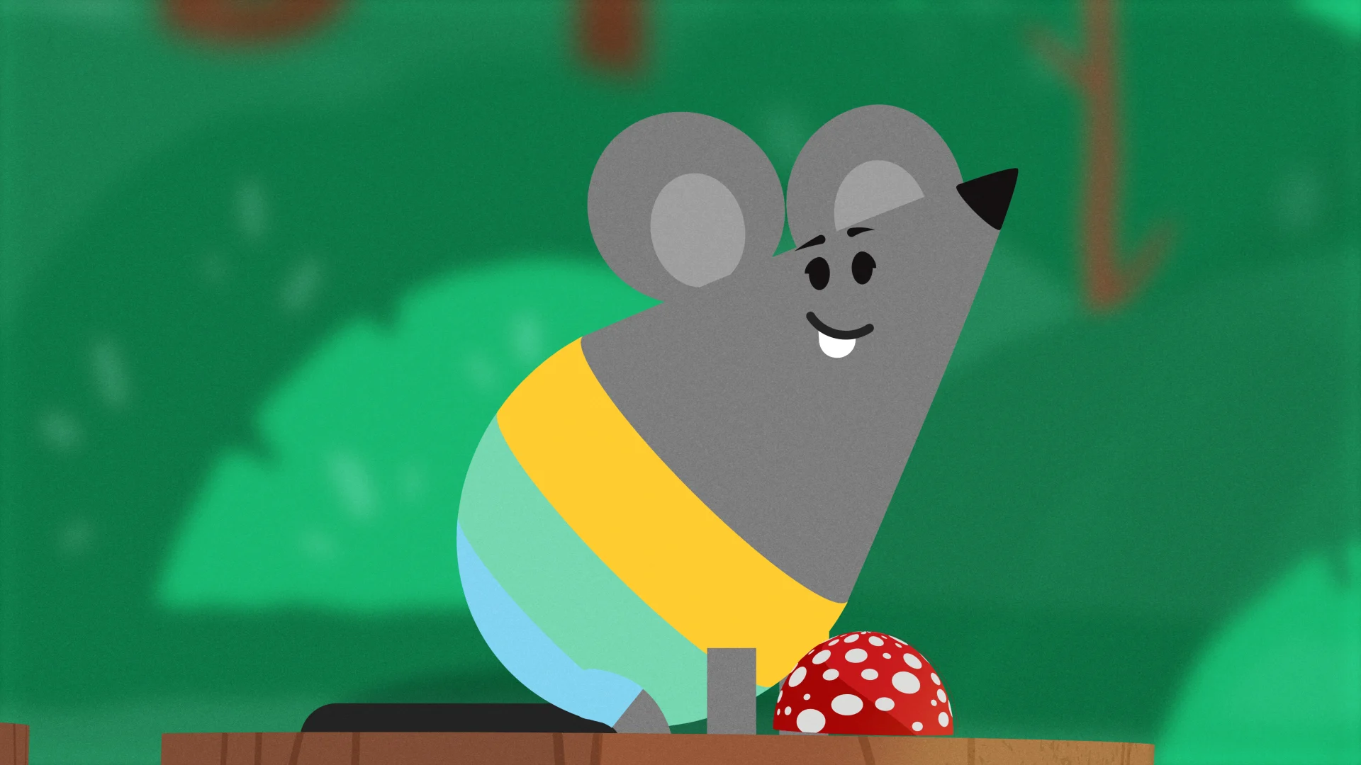 Tot the Mouse smiling beside a red spotted buzzer.