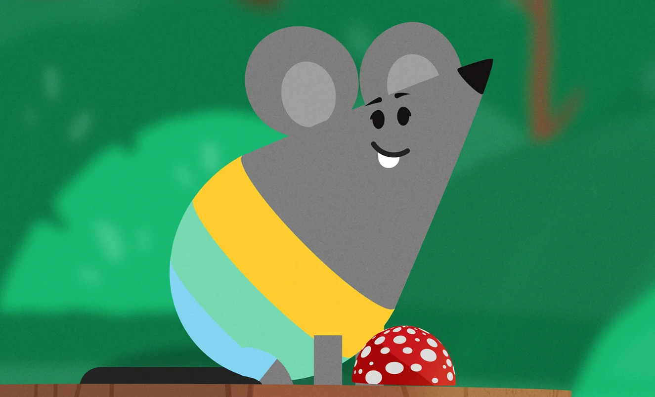 Tot the Mouse smiling at a game-show podium in the woodland.