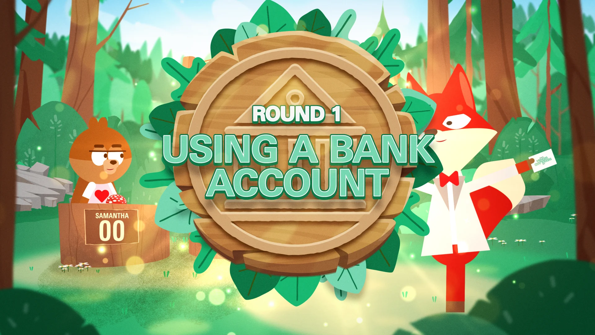 Woodland game-show title card for round one: Using a Bank Account.