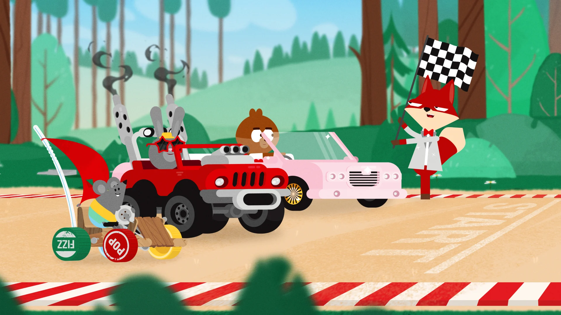 Tot, Rocky and Samantha at the race starting line with Fenton waving a chequered flag.