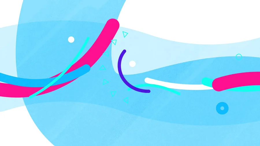 Bright abstract wave shapes in cyan, pink and purple