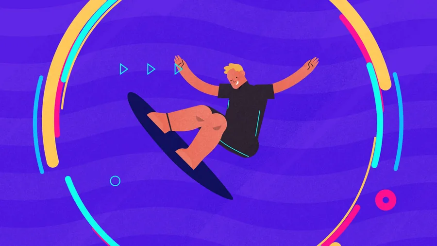 Animated Jamie O’Brien making an aerial turn on a surfboard
