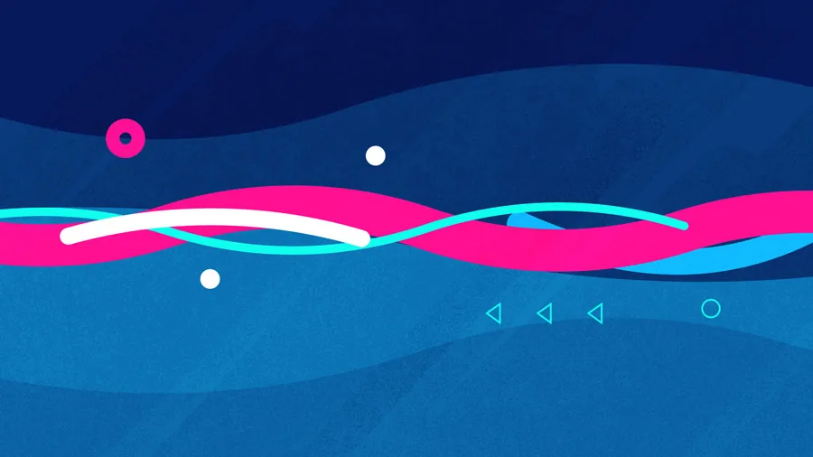 Colourful flowing lines and shapes against a dark blue background