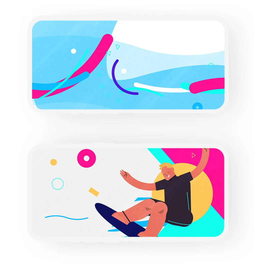 Phone mockups showing wave graphics and Jamie surfing