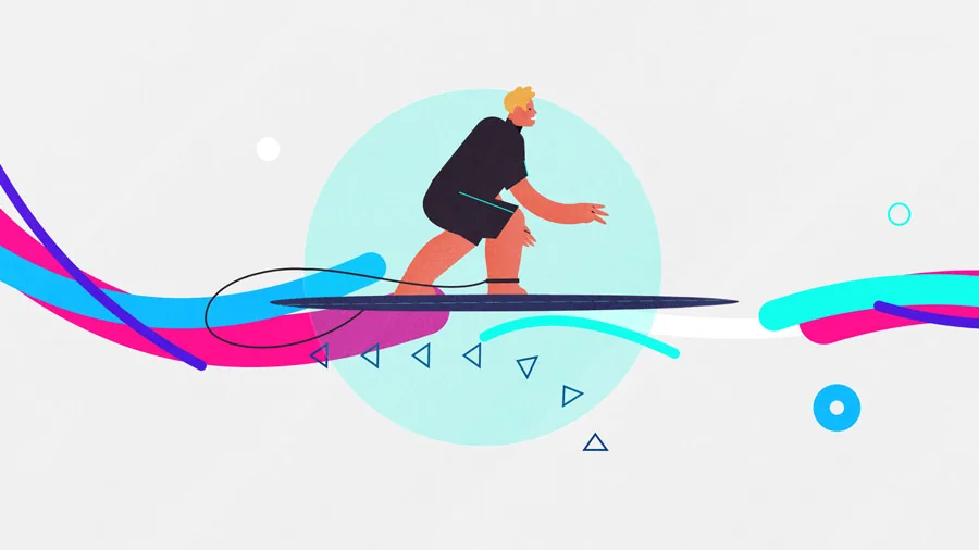 Side view of Jamie riding a surfboard alongside flowing graphic lines