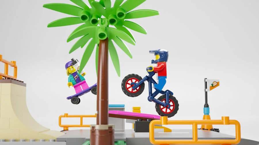 LEGO skateboard and BMX characters at the skate park