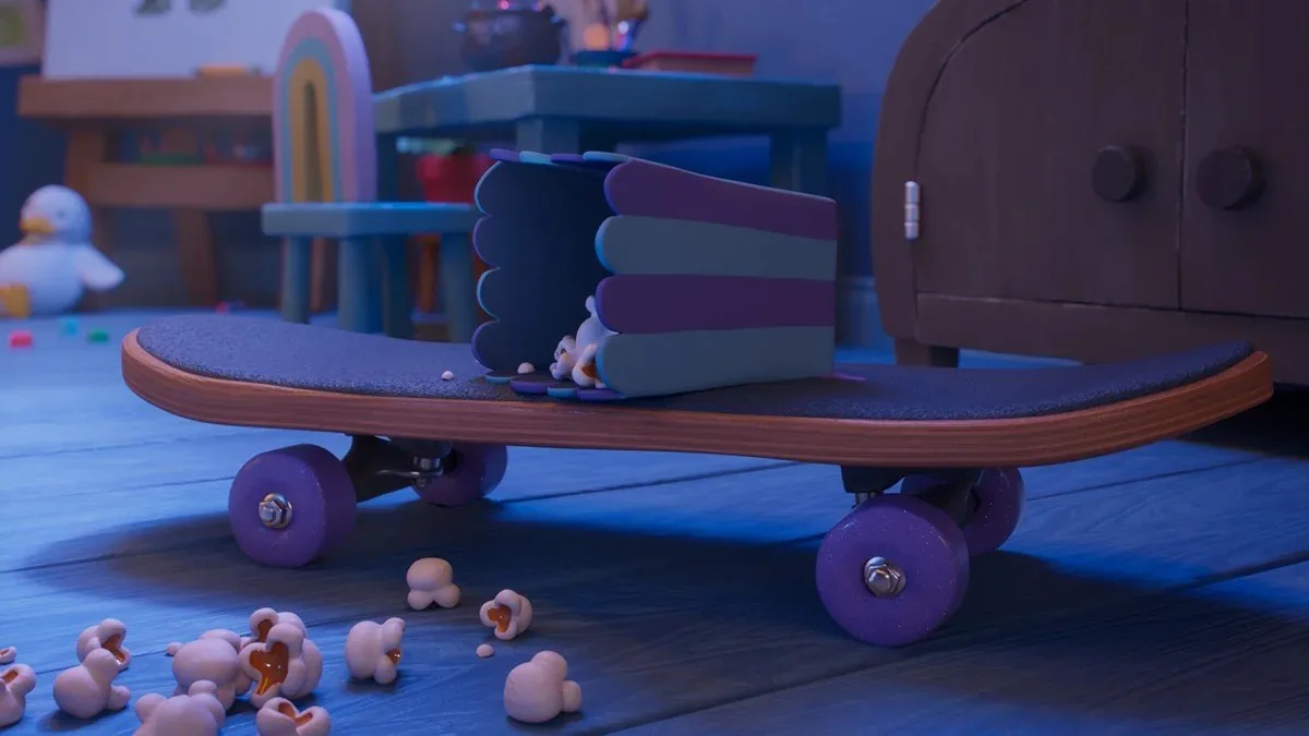 Books and a skateboard in Maia’s bedroom
