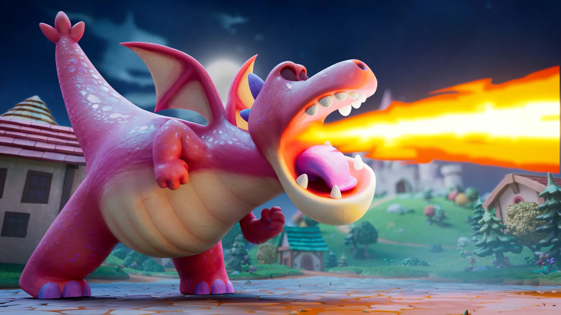 Pink dragon breathing fire above a village in Move Animation Studio’s Magic Maia film.