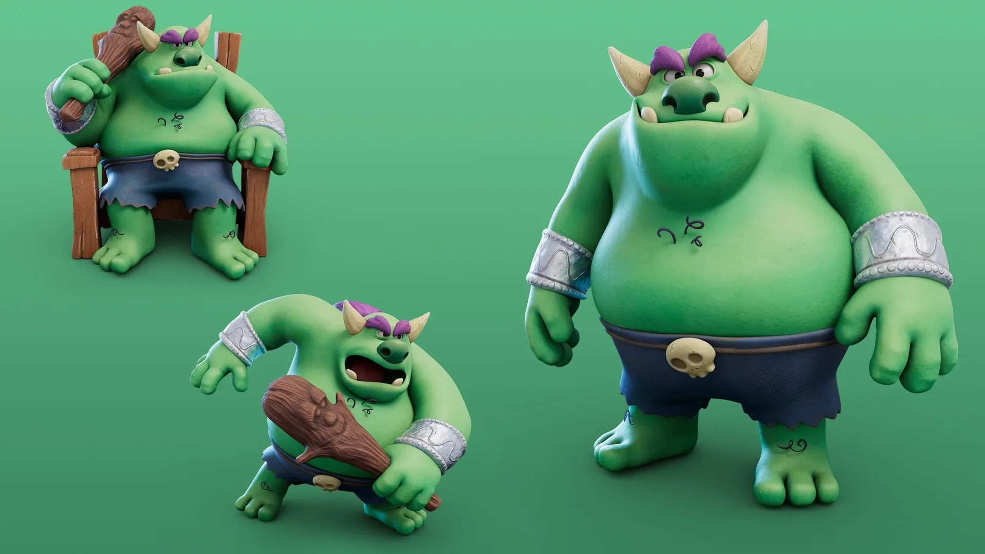 Friendly green ogre 3D character poses