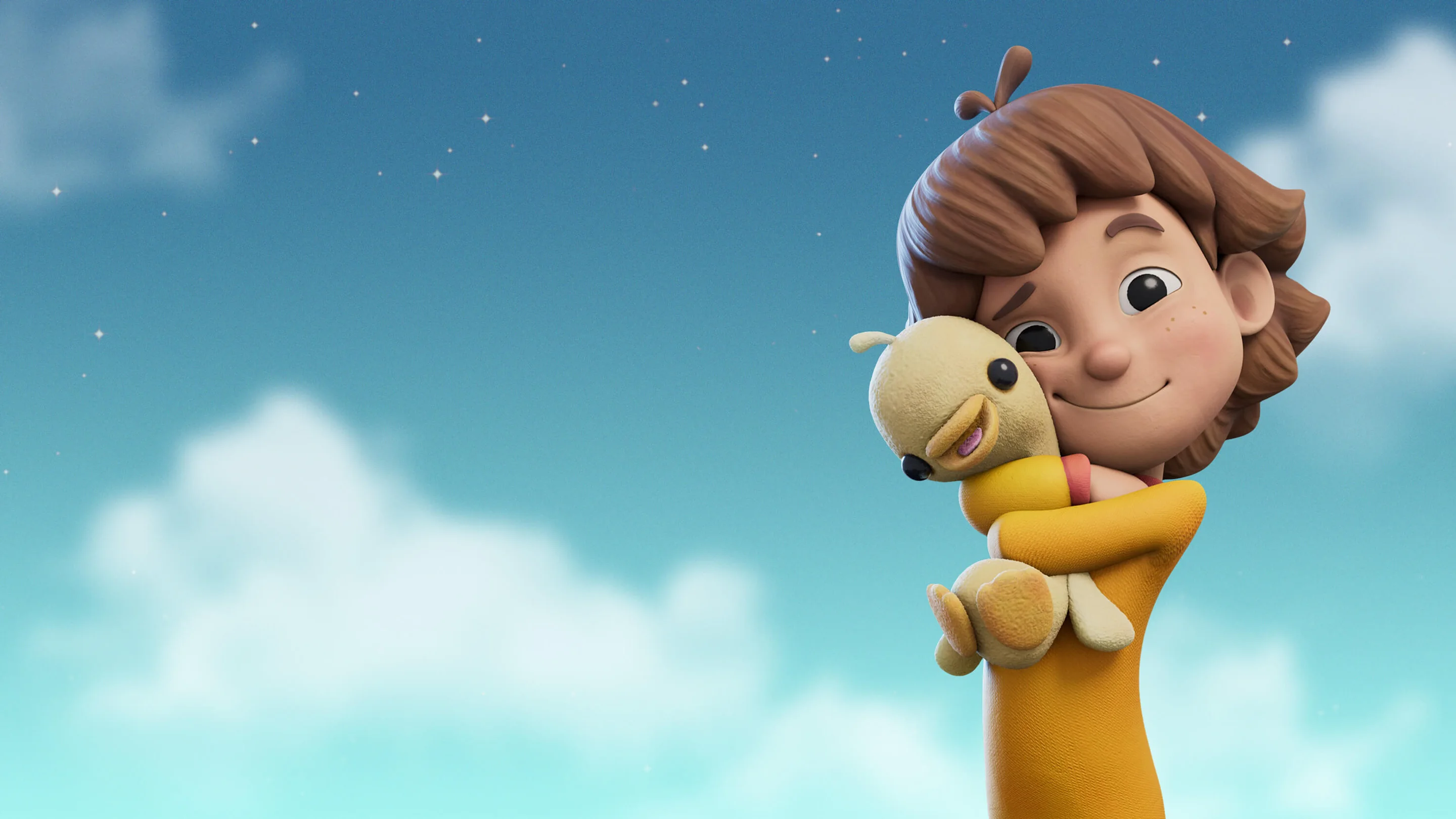 Maia cuddling Ducky beneath a blue sky