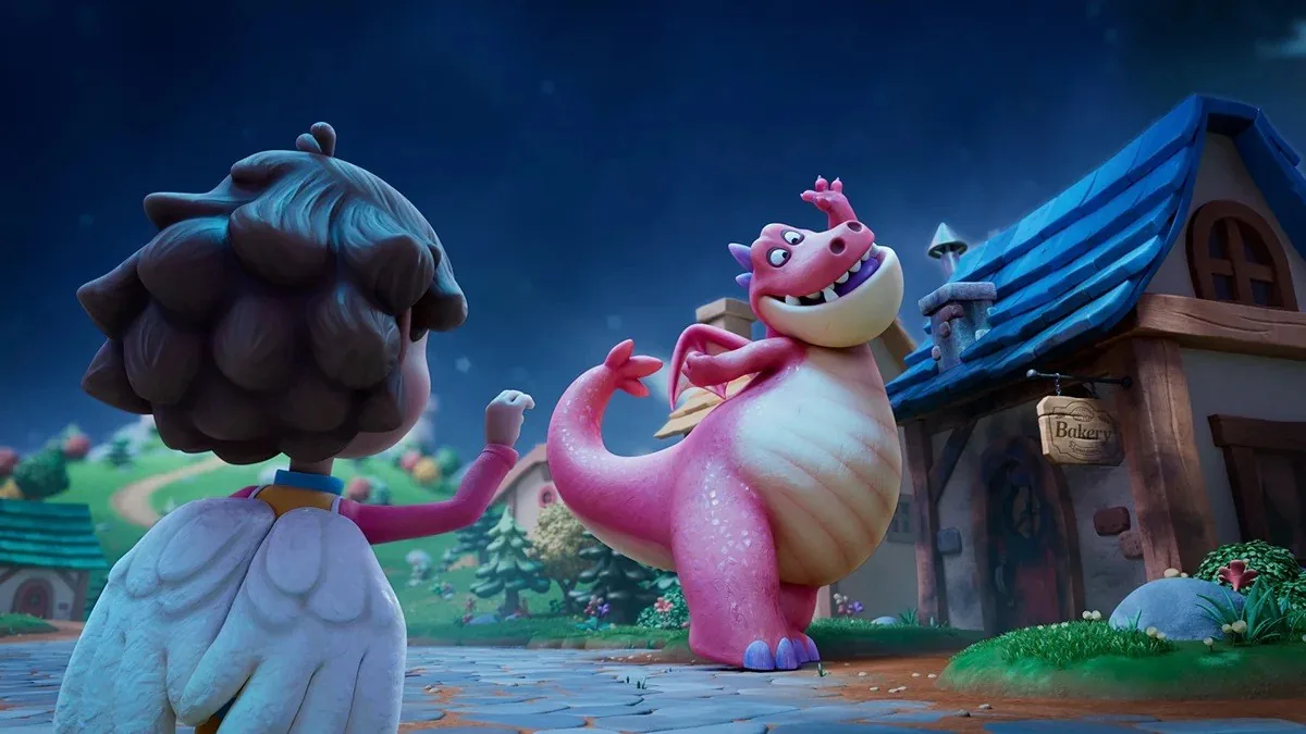 Maia meeting the dragon in a moonlit village