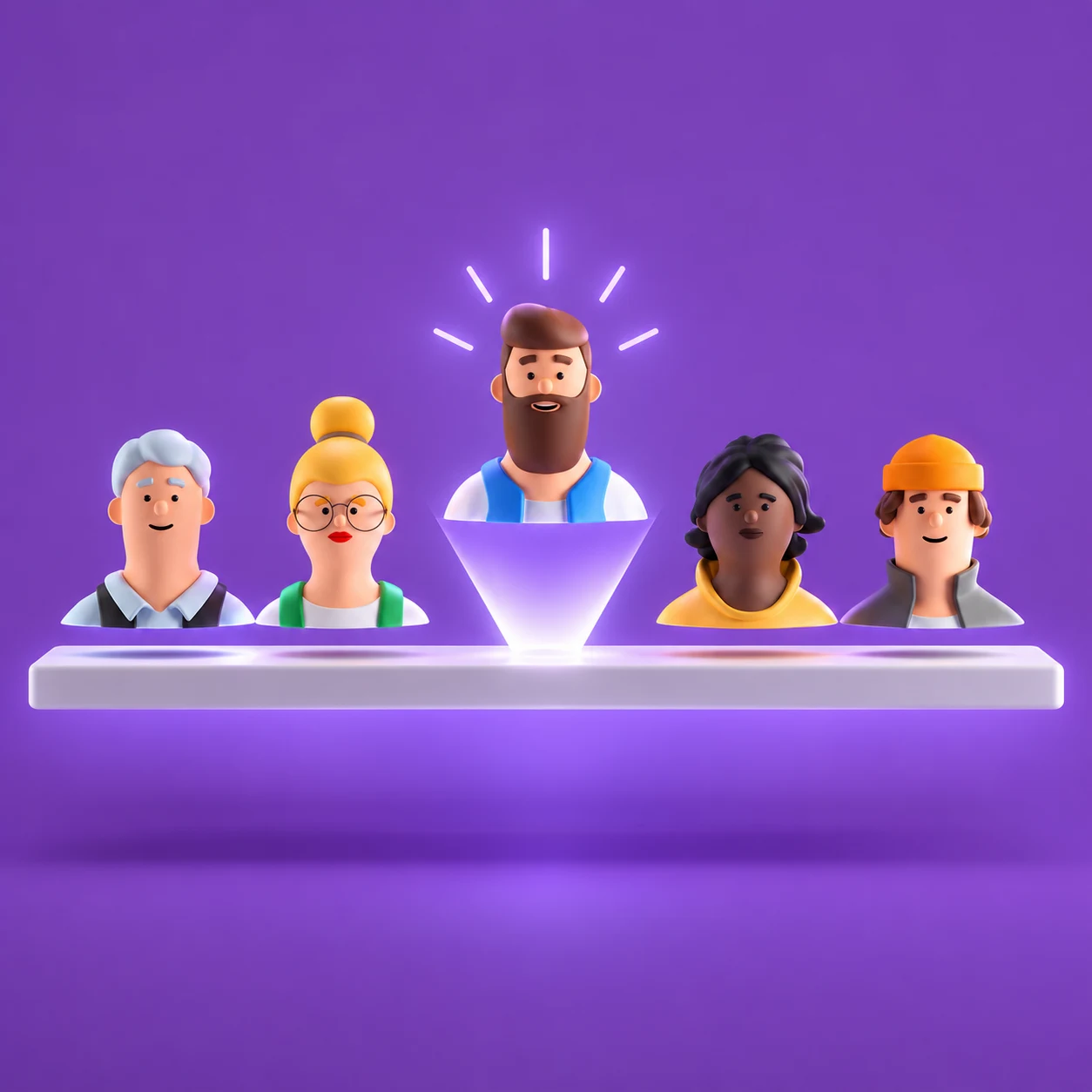 Five stylised 3D avatars above a purple platform, with one avatar highlighted.