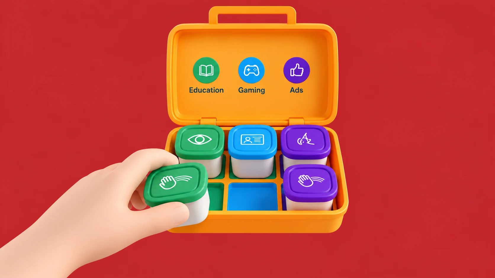 An open yellow case holding colour-coded data tiles for education, gaming and advertising.