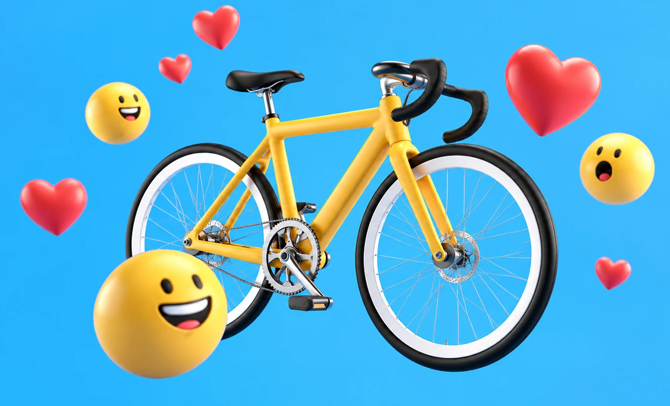 Yellow 3D bicycle surrounded by hearts and expressive faces for Meta.