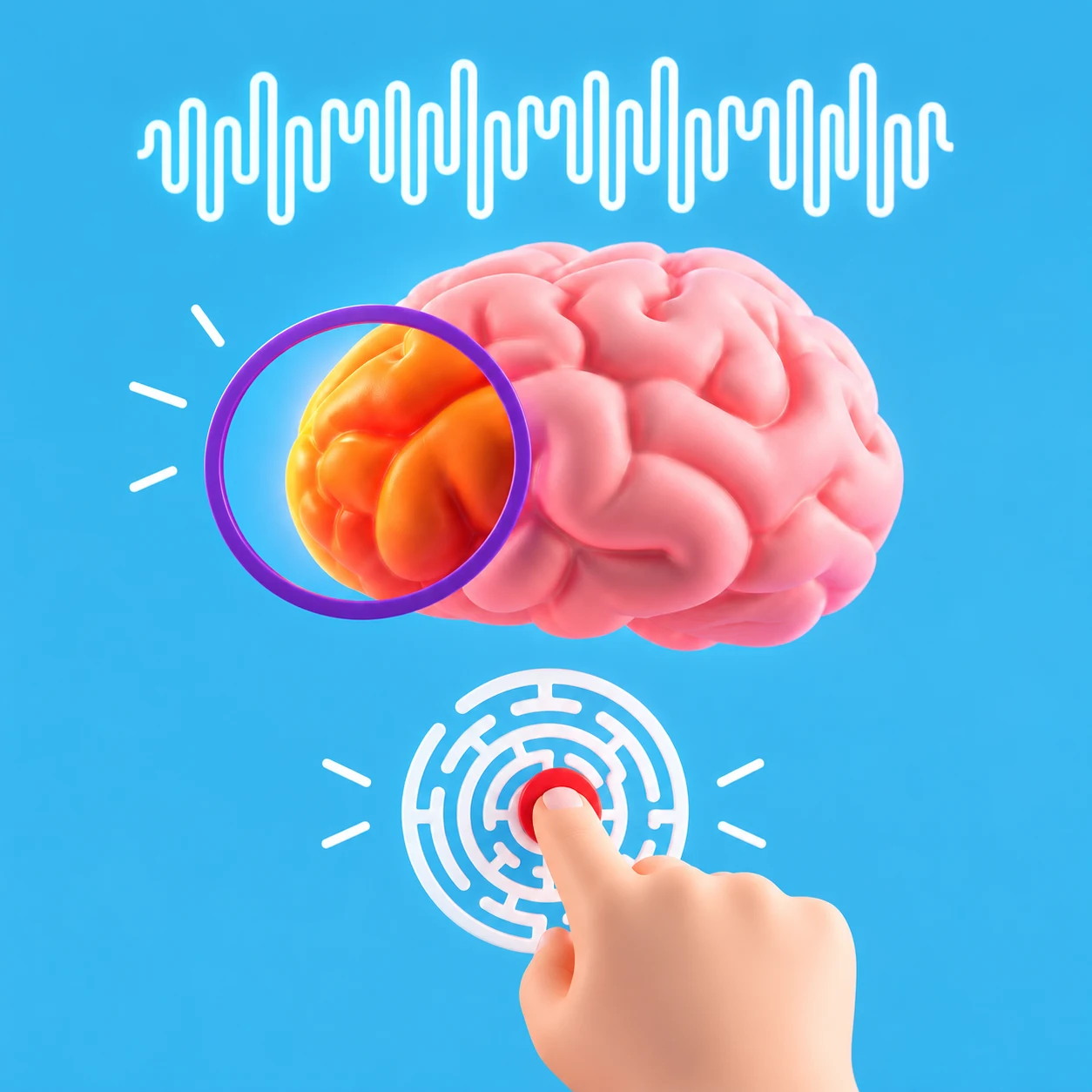 Pink 3D brain with a highlighted area, a waveform and a hand using a circular interface.