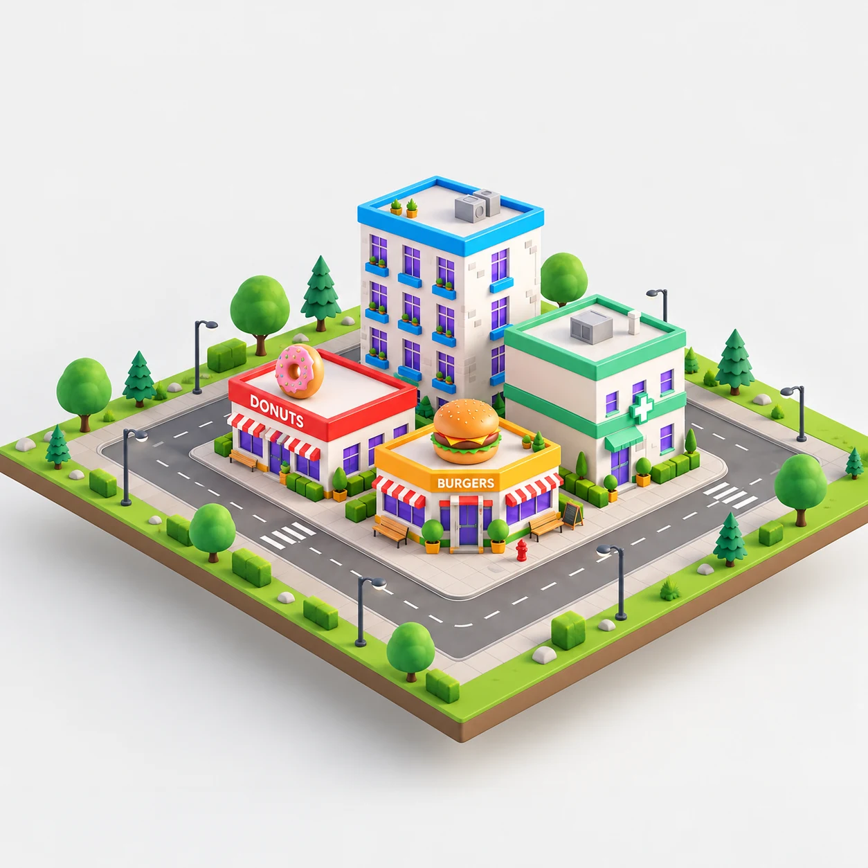 A colourful miniature city with shops, roads and trees, illustrating a spatial approach to data permissions.