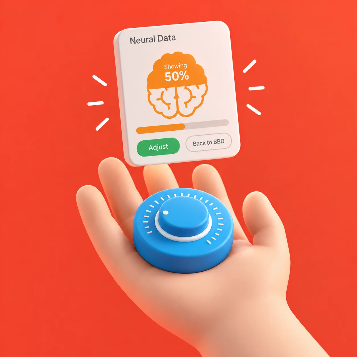 A blue dial in an open hand beneath a floating neural-data sharing control.