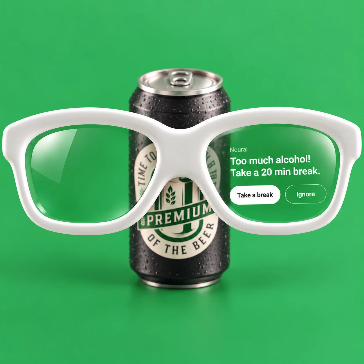 White smart glasses showing a suggested break over a drinks can.