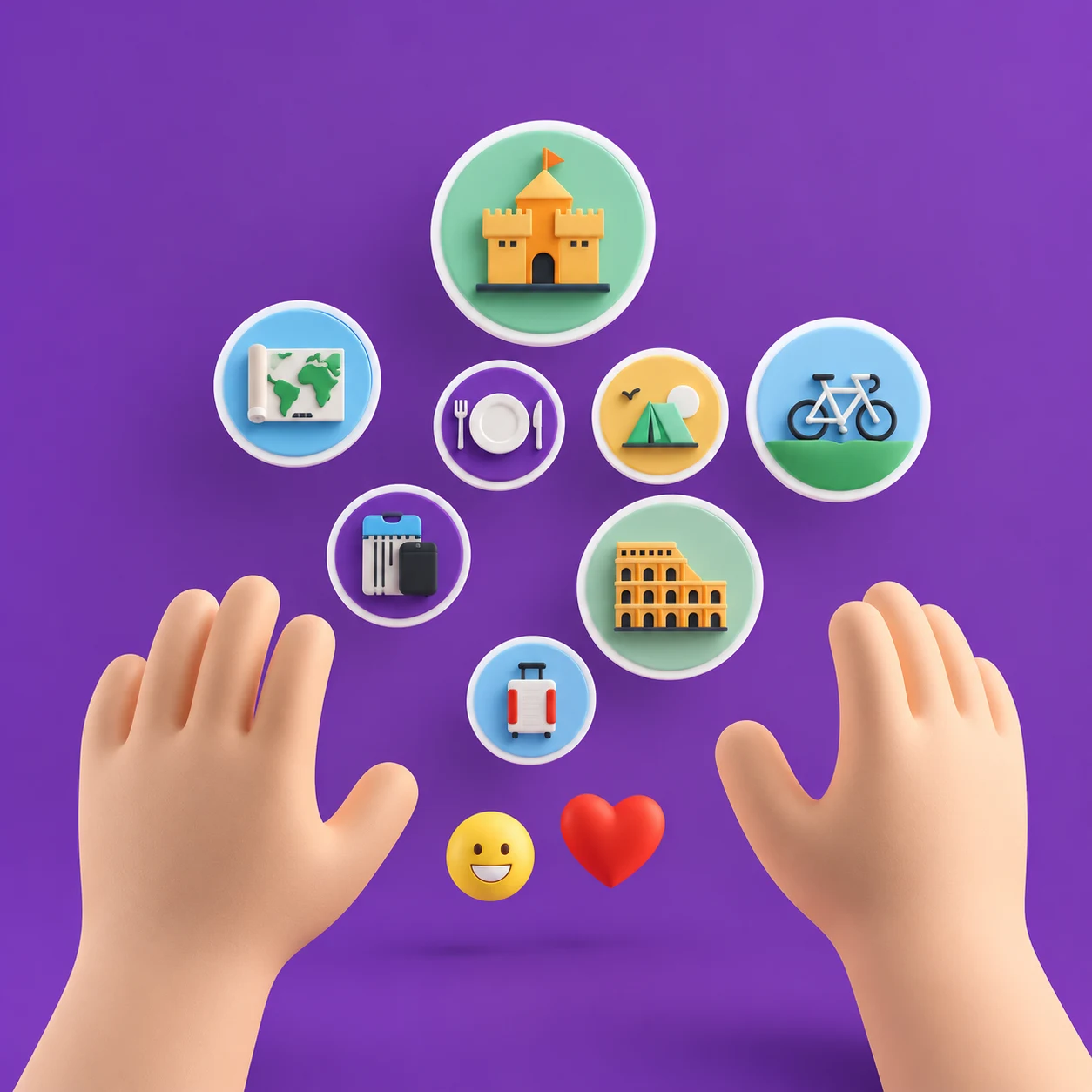 Two hands below floating travel icons, landmarks, a heart and a smiling face.