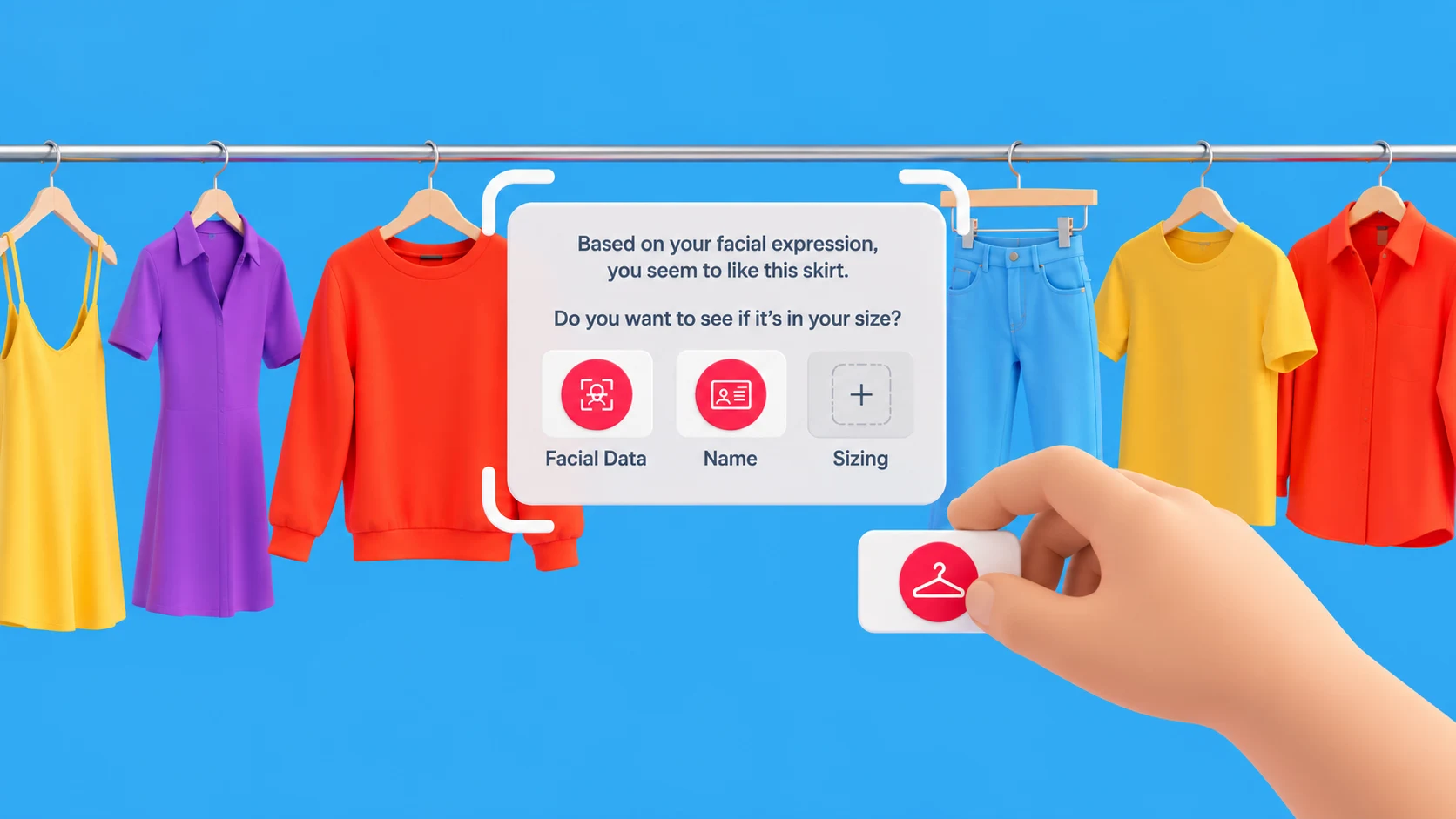 A virtual clothes rail with a floating data-permissions panel and a hand holding a sizing tile.