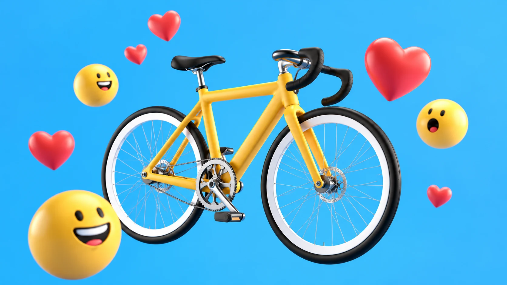 Yellow 3D bicycle surrounded by floating hearts and expressive faces on a blue background.