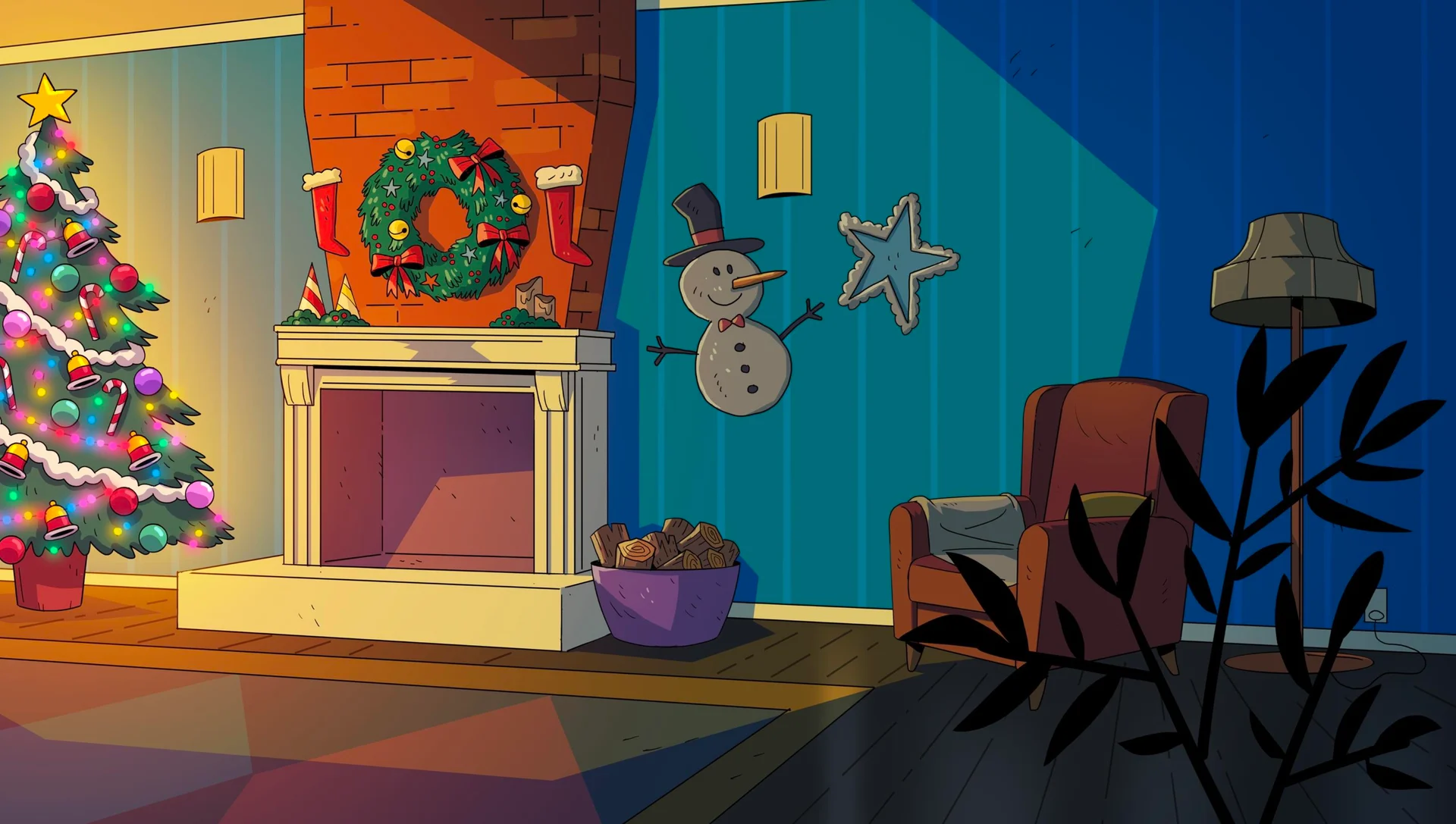 Christmas fireplace, red armchair and lamp in the blue living room.