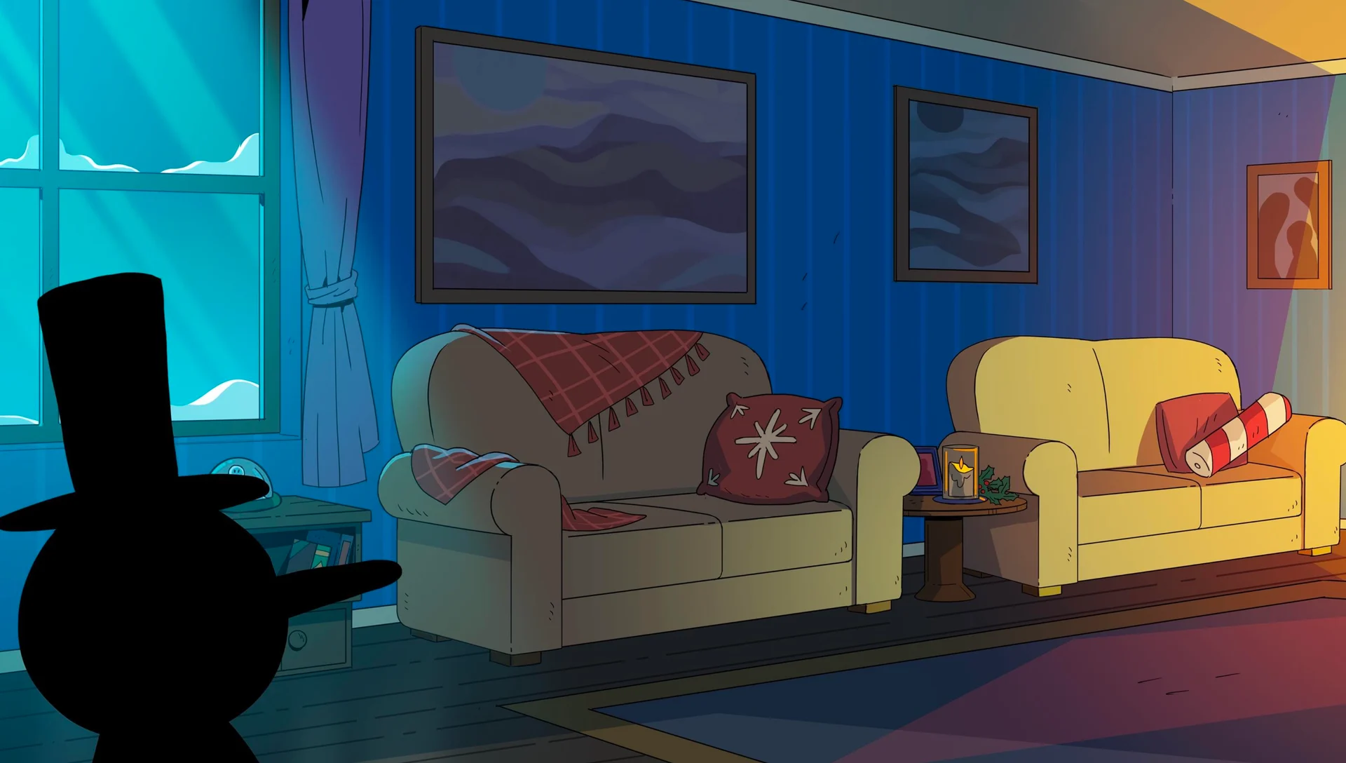 Christmas living room with a snowy window, sofa and yellow armchair.