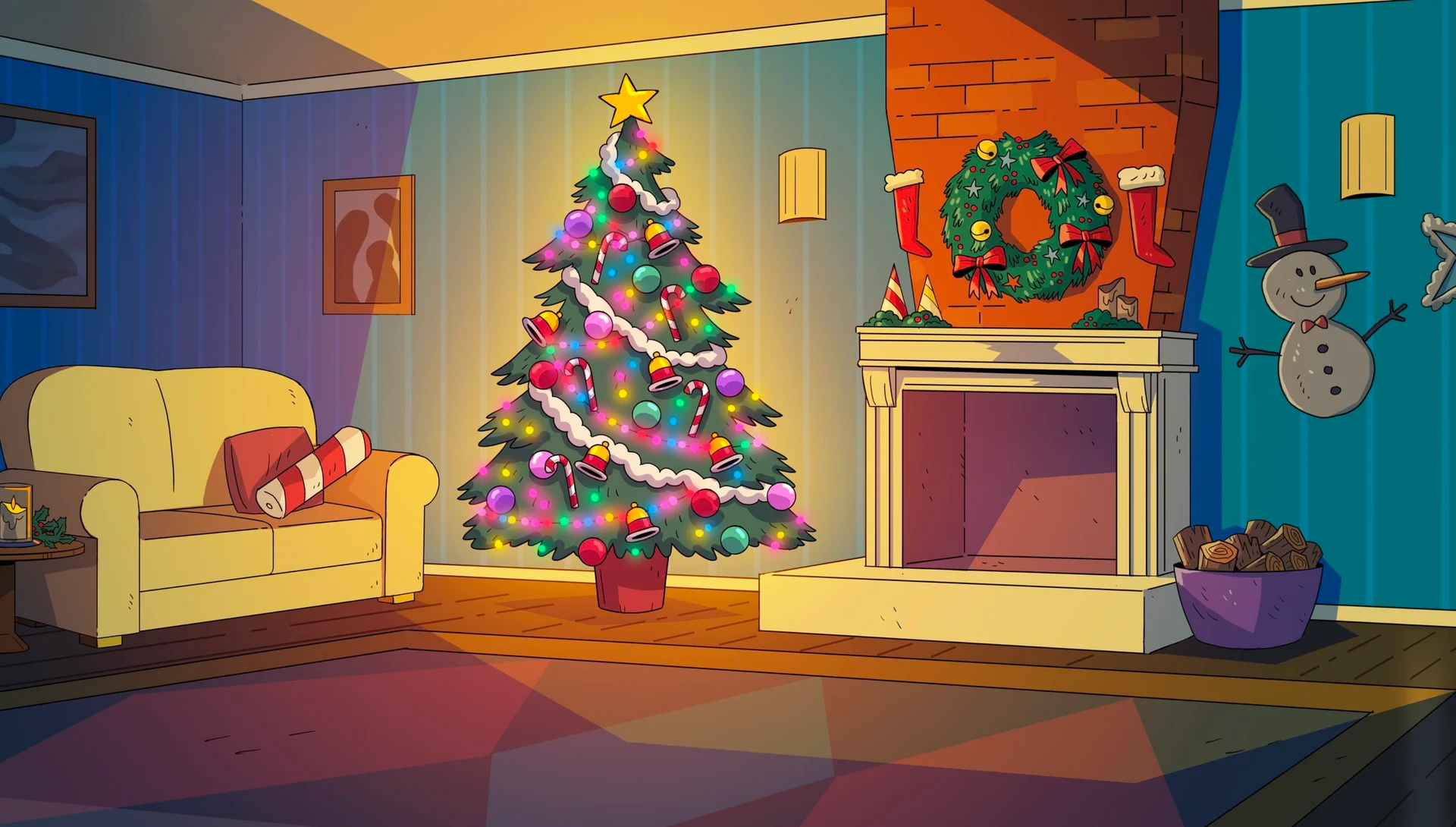 Decorated Christmas tree and wreath above a warm living-room fireplace.