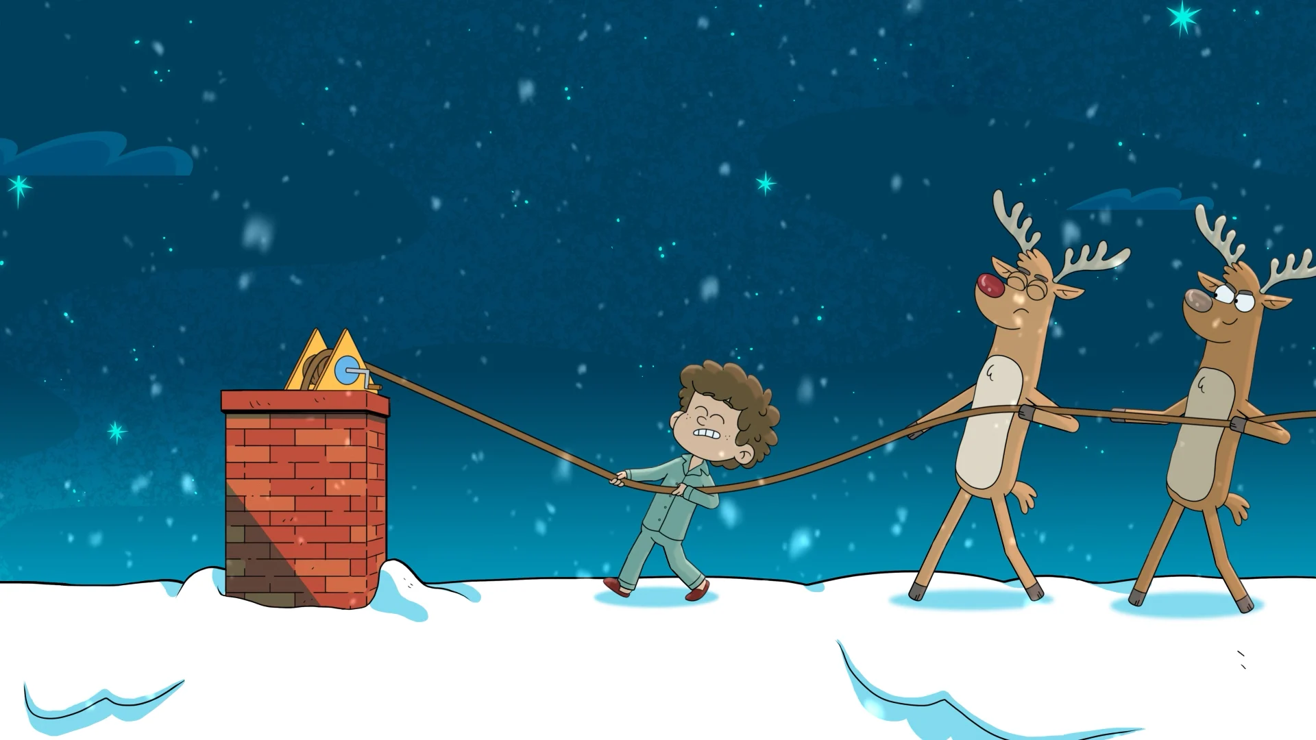 Jimmy and two reindeer pulling the rescue rope across the snowy roof.