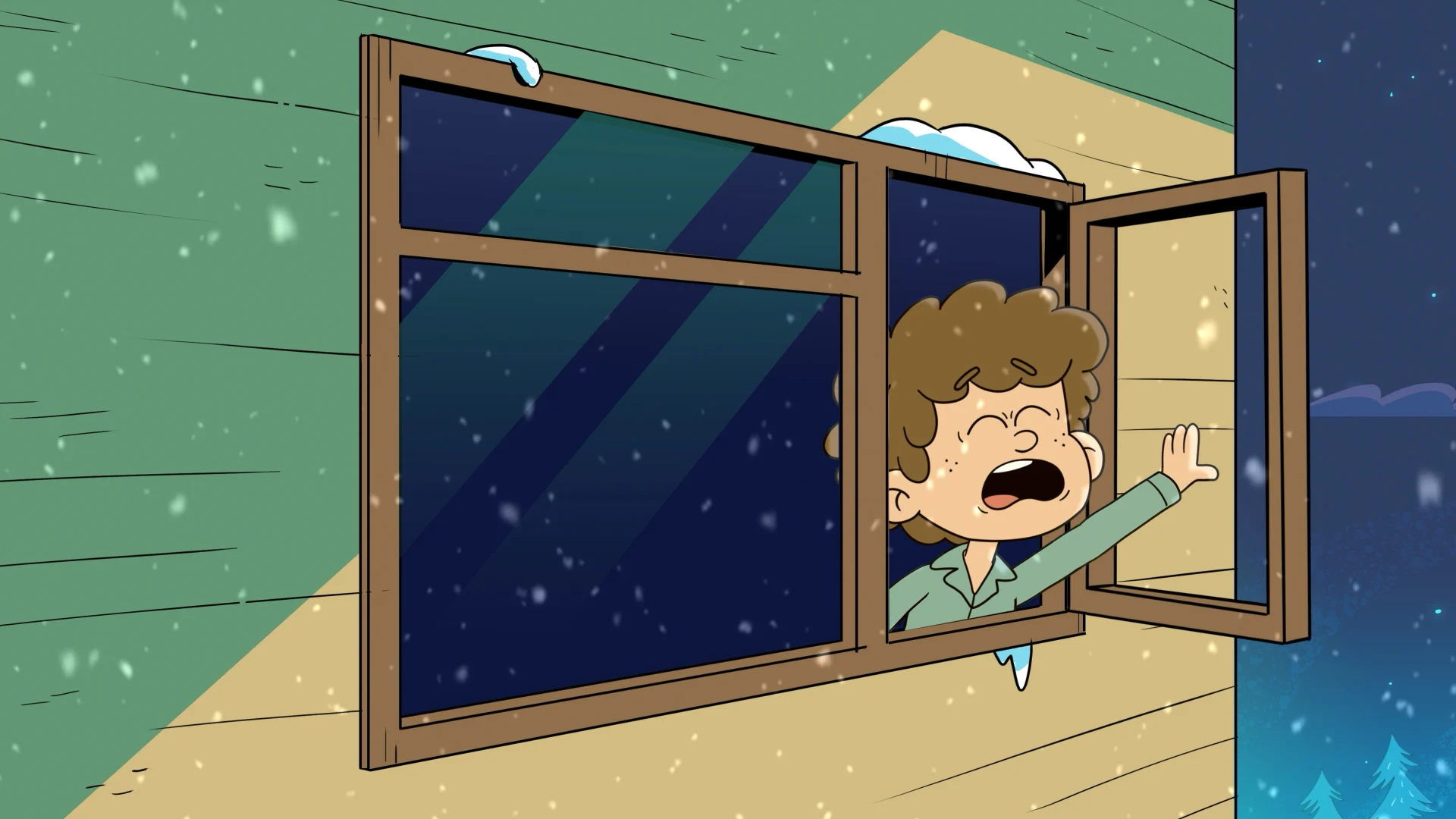 Jimmy calling for help from an open window on Christmas Eve.